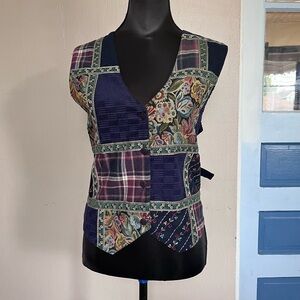 Keren Heart 90s navy blue patchwork floral grandma corduroy vest